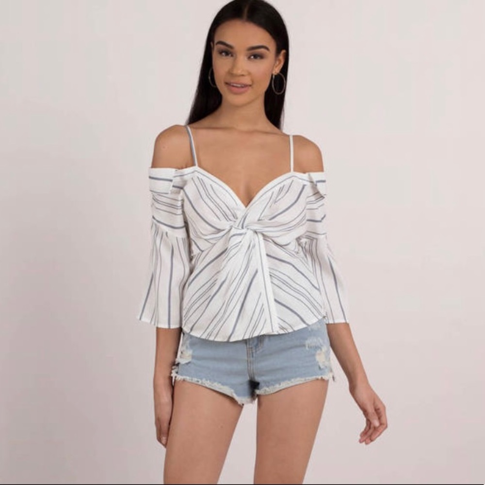 Tobi White and Blue Avery Off Shoulder Top